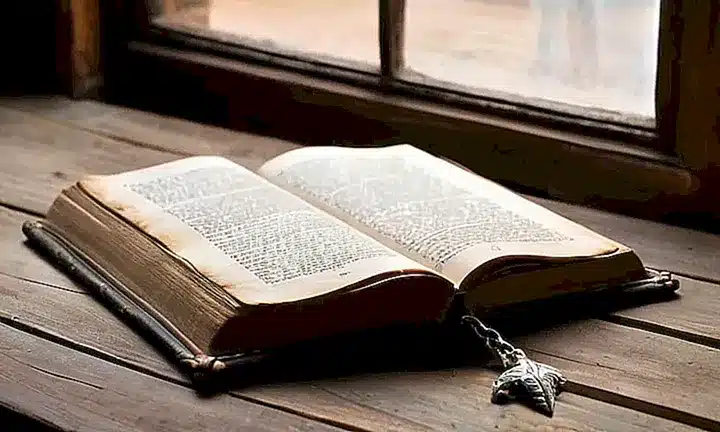 Un anciano estudioso con manos artríticas y un reloj de cadena examina un libro antiguo en su escritorio bajo la luz matutina