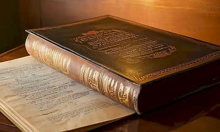 La habitación muestra un estudio acogedor con una mesa antigua y un libro abierto iluminado por una luz cálida, acompañados de obras de arte y reconocimientos en las paredes