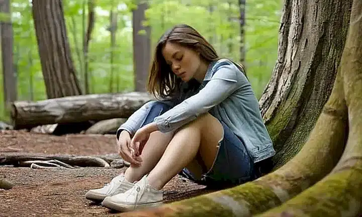 Una joven mujer se sienta en una tierra de bosque iluminada con suavidad, rodeada por árboles antiguos y enfocada en las campanas de viento brillantes