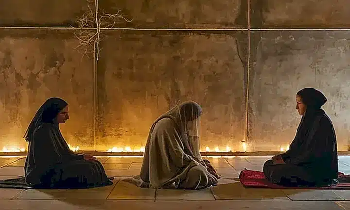 Un grupo de cinco personas sentadas en un suelo de piedra, con las cabezas ligeramente inclinadas y los ojos cerrados, se encuentra en reverente atención dentro del espacio tenue e iluminado de una antigua monasterio