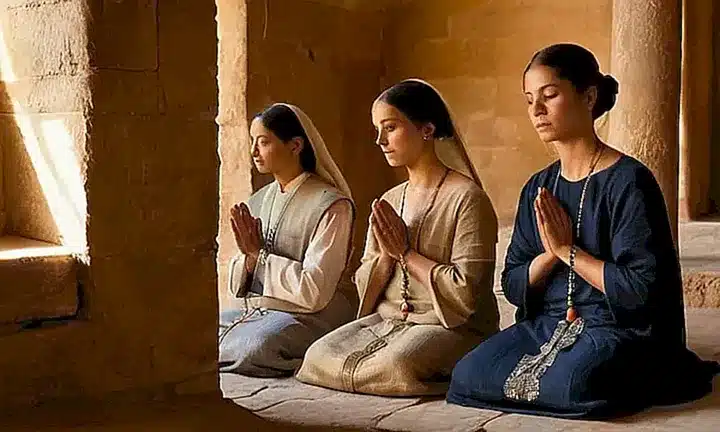 Son imágenes de personas devotas con rostros serenos y cuerpos posturizados en actos de oración