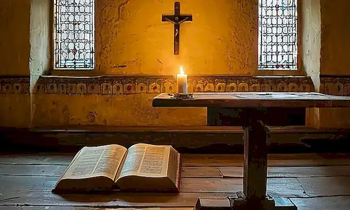 En el interior sereno de un monasterio, hay una cruz con una vieja madera y una lámpara temblorosa en medio del silencio