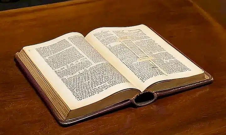 Un libro de la Biblia abierto sobre una mesa muestra una superficie embarrada rodeada de un entorno ordenado y minimalista