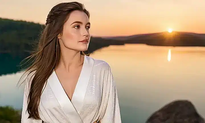 Una mujer se encuentra en un acantilado rocoso mirando un lago sereno al amanecer