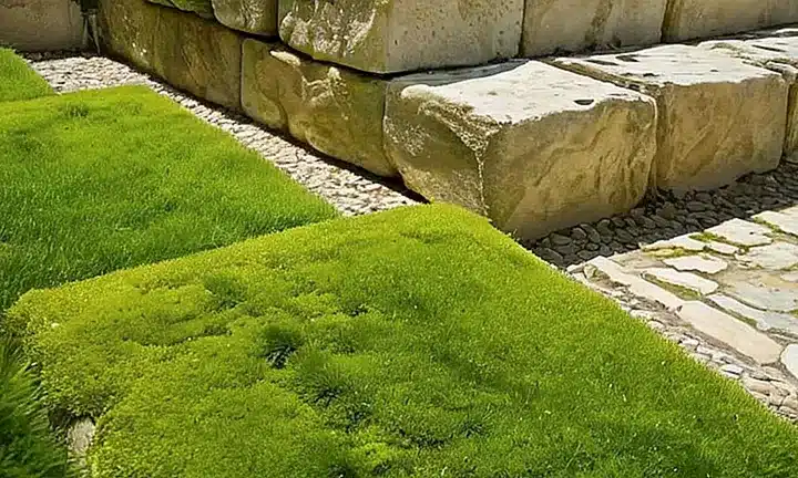 Una pared de jardín con piedras gastadas muestra la paz y el crecimiento de la naturaleza en un entorno sereno