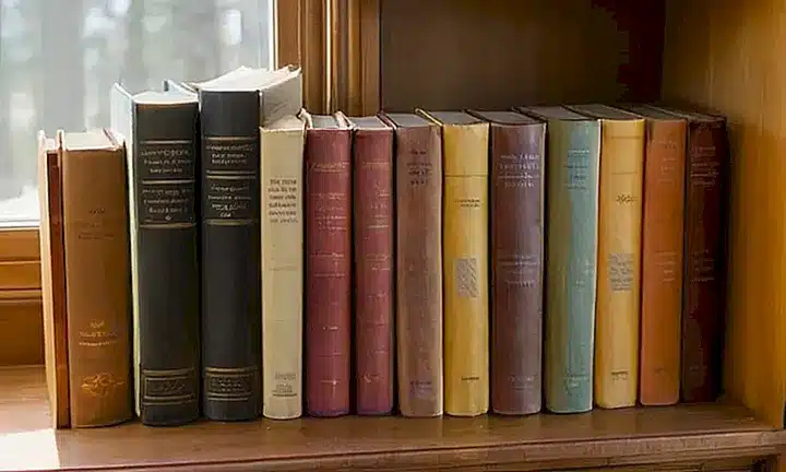 Un estante de madera desgastado y una pila de libros antiguos se ven bañados por la luz cálida del amanecer