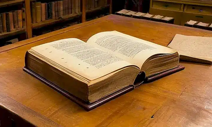 Un libro viejo y desgastado se encuentra abierto en una mesa de madera desgastada
