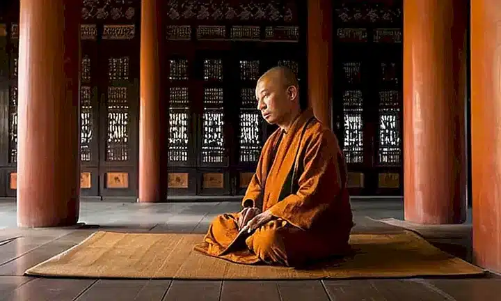 La imagen representa a un monje vietnamita sentado en una templete de poca luz