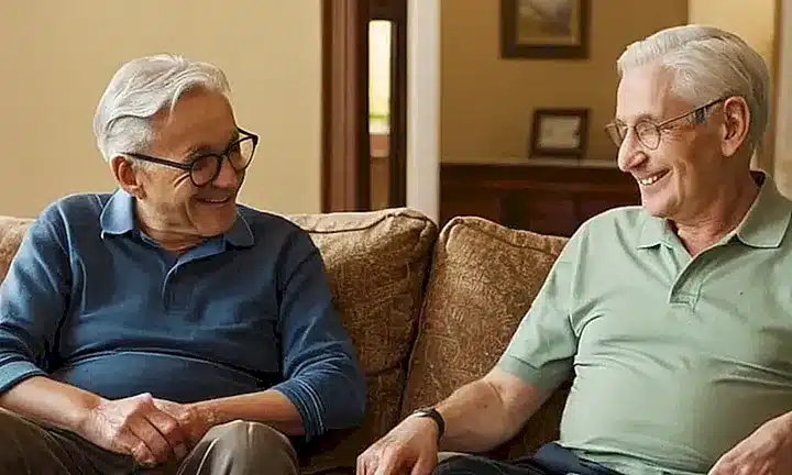 Un grupo de hombres ancianos se sientan cómodamente en un semicírculo alrededor de alguien más joven en un sofá en una habitación con paredes y muebles madera oscura