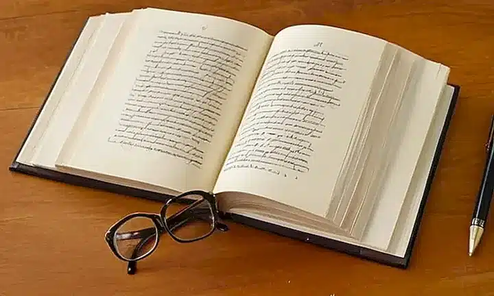 La fotografía muestra un libro abierto con una página de texto cuidadosamente escrita, percha sobre un montón de libros ancianos en una mesa sombreada con luces suaves
