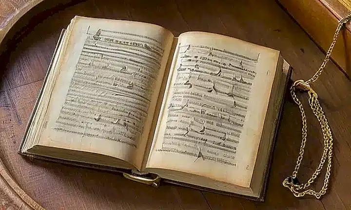 En una habitación tranquila, un libro religioso antiguo yace abierto sobre una mesa de madera con detalles delicados que rodean el texto cristiano Tito 3:5