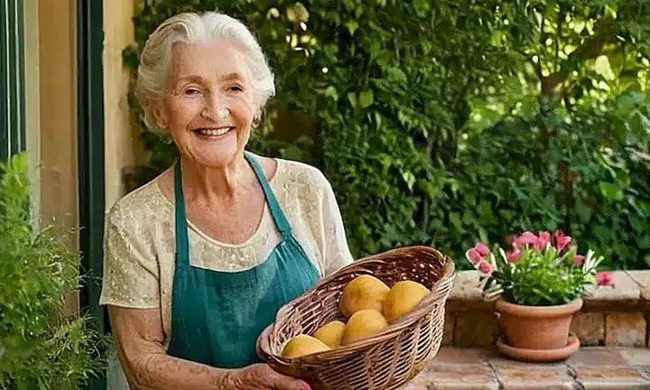 Una anciana sonriente se apoya en una jardinera mientras sostiene un wicker con flores frescas y frutos