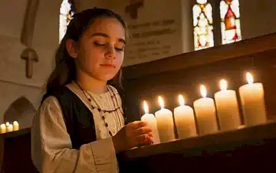Una niña joven sostiene una rosa ritual con dedos suavemente entrelazados
