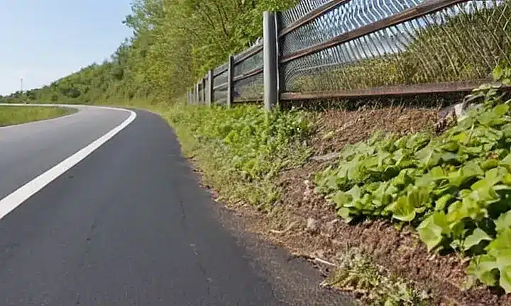 Una carretera de asfalto desgastada se dirige hacia lo desconocido con varios huellas a su lado