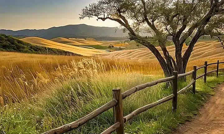 Una paisaje sereno de colinas empinadas se extiende con hierbas sonoras y flores silvestres, árboles altos y un figurete silueteado en la distancia