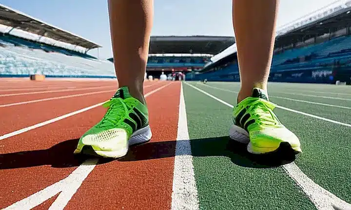 En un estadio polvoriento con una pista de 400 metros, dos atletas están listos para correr, con equipamiento deportivo y la victoria al alcance