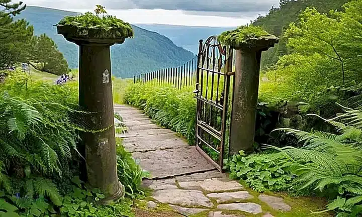 Un atleta exhausto reposa en un sendero de piedra con una vista al infinito, rodeado por columnas y un entorno natural sereno