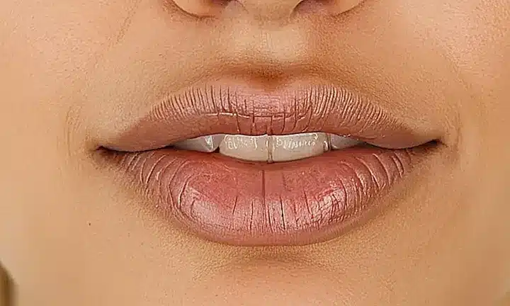 Una vista de cerca muestra los labios ligeramente separados y una boca con detalles como incisivos desgastados y líneas finas de envejecimiento