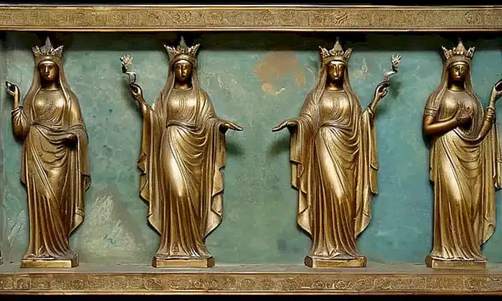 El cuadro representó una escena sagrada en la que tres figuras regias, rodeadas por ornamentos y frescos antiguos, se alinean reverentemente