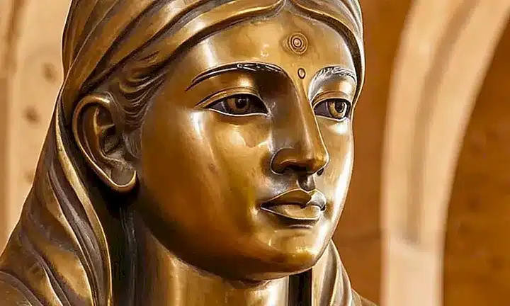 La escultura representa a Dios Padre con suave lumbrera dorada y el Espíritu como una suavísima brisa vaporosa en un entorno de suaves colores azules