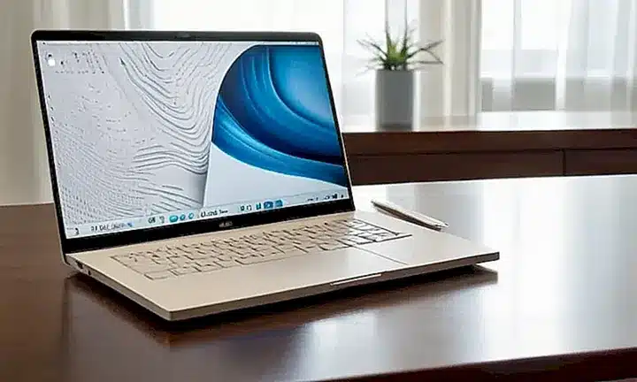 Una computadora encarna modernidad sobre una mesa minimalista iluminada por la luz suave de un amanecer detrás de cortinas blancas