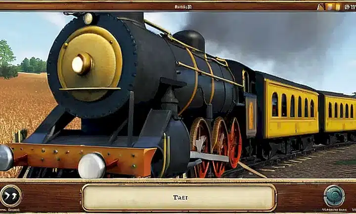 La pantalla de computadora muestra un cursor sobre el botón Descargar junto a icono de un tren en colores acuosos y maderas desgastadas contra un fondo oscurecido por la iluminación