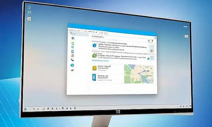 Un fondo blanco con una pantalla de computadora que muestra un GUI suave y difuso