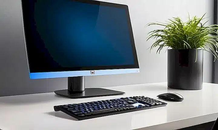 Una pantalla de computadora moderna y elegante refleja la luz suave de una lámpara y muestra un menú con pixel brillantes
