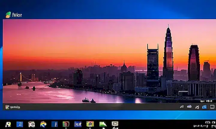 La imagen muestra un escritorio de Windows con fondo de ciudad al atardecer y algunos elementos del sistema operativo en la parte inferior