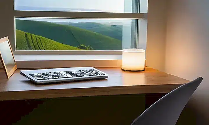 Un portátil plata y elegante descansa abiertamente en un escritorio gris claro, rodeado por una luz suave de una lámpara de escritorio, con paisajes idílicos y hermosos detalles en la pantalla