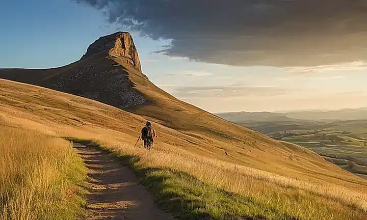 En el paisaje del campo de batalla hay soldados organizados detrás de su líder, destacado por un gesto que hacia la distancia se ve iluminado por el sol