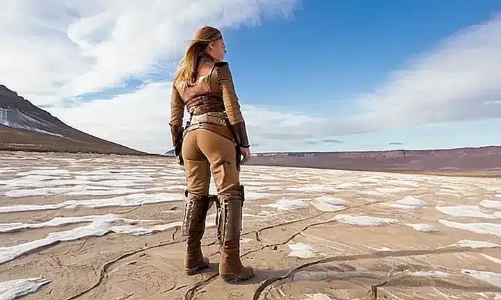 Una figura enigmática parpadea en el horizonte bajo un cielo azul pálido ante una paisaje fértil yermo