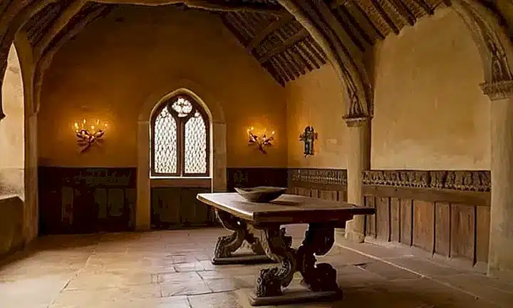 La escena medieval está iluminada por velas y presenta detalles intrincados, como frescos desgastados y tapicerías de lana vieja