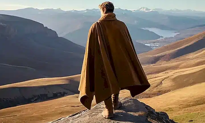 Un solo hombre se alza ante la luz del amanecer en una cima rocosa, rodeado de sombras y paisajes inmensos