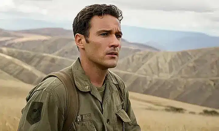 Un comandante experimentado y cansado, con un uniforme arrugado, se dirige hacia una batalla en la que su ejército se extiende a lo lejos