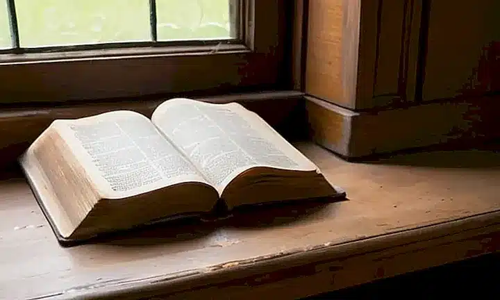 Una Biblia desgastada reposa en un estante polvoriento, con páginas desgarradas y fragantes de papel antiguo