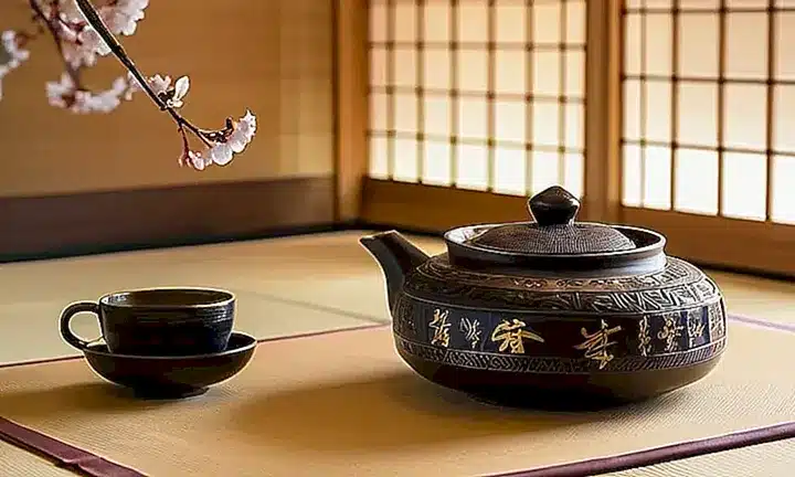 La habitación está iluminada suavemente con tonos dorados y tiene un diseño japonés tradicional