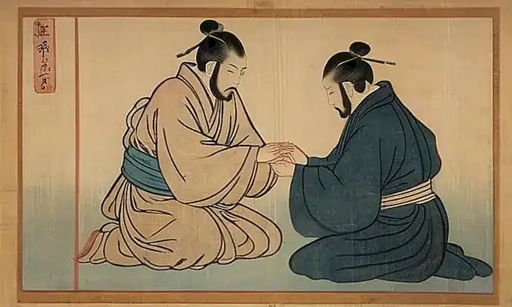La descripción es de una acuarela con luz tenue que muestra un samurái detrás de un sirviente de un kimono intricado