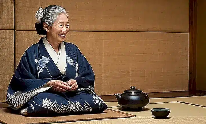 Una anciana japonesa tranquilamente disfruta de un momento sereno en una habitación tradicional mientras rodeada por la calma y la belleza de su entorno