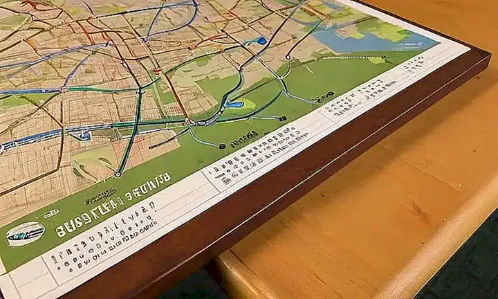 En una mesa grande con un mapa de Utah se muestra un modelo del área metropolitana con diferentes rutas viales y transporte público