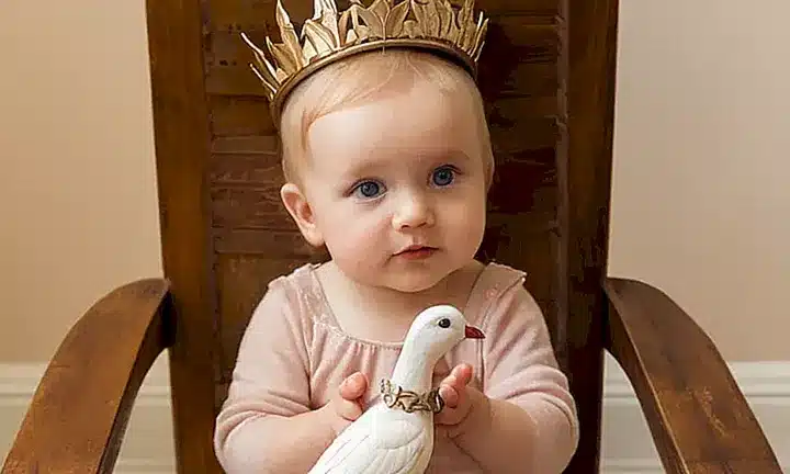 Un niño pequeño está sentado en una habitación acogedora, mirando hacia arriba un escultura de Jesucristo con un pavo real y rosas frescas cerca