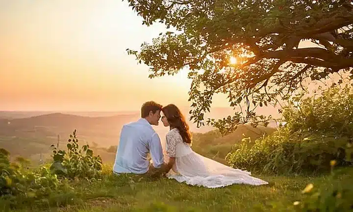 Un atardecer cálido ilumina un instante íntimo de amor entre una pareja en un jardín de flores y viña