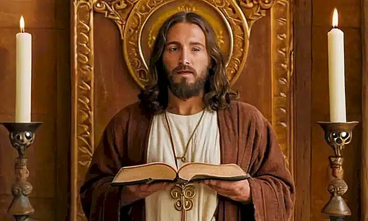 Un anciano Jesús permanece sentado en una habitación con luz cálida, sosteniendo una Biblia repleta de texto iluminada por velas