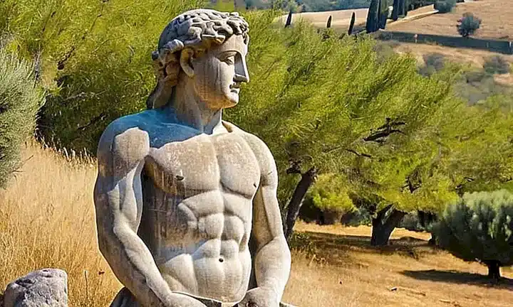 Una estatua de una figura varonil se alza en la parte superior de un pequeño cerro, rodeada por árboles y colinas al fondo