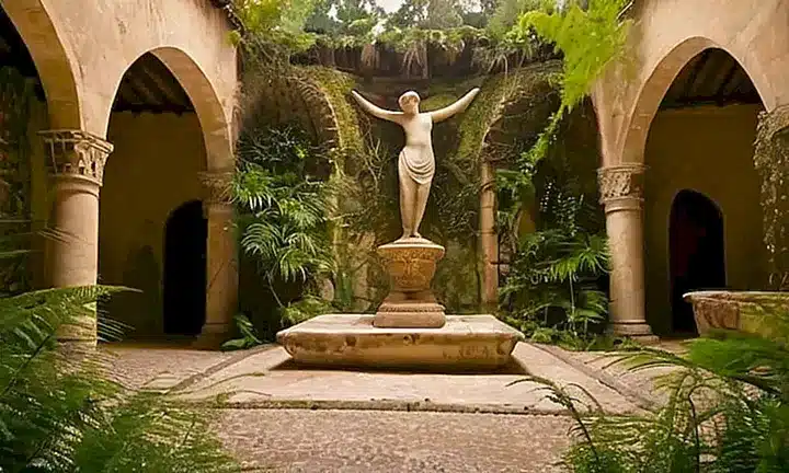En un santuario antiguo, una estatua desgastada se alza sobre un pedestal envejecido rodeado de frescos polvorientos y detalles arquitectónicos labrados