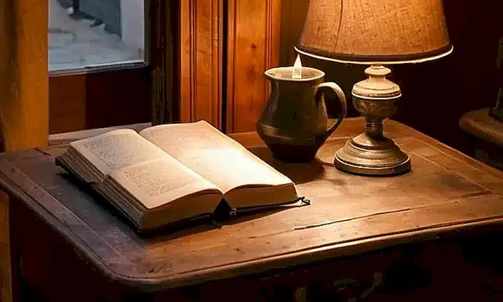 Una habitación de estudio con un ambiente tranquilo y calmoso, iluminado por la luz tenue que entra por la ventana