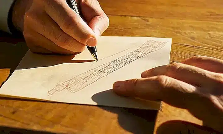 Una mano de un hombre en una mesa de madera desgastada con un papel amarillento llena de notas apresuradas