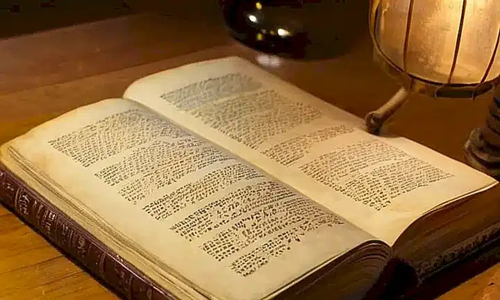 Una persona examina un libro antiguo, con páginas amarillentas y ennegrecidas por el tiempo