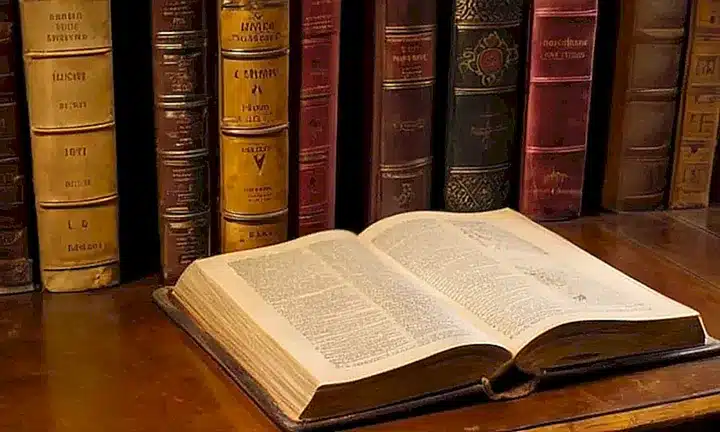 En una habitación de estudio se encuentra un libro antiguo abierto sobre el escritorio entre libros y polvo