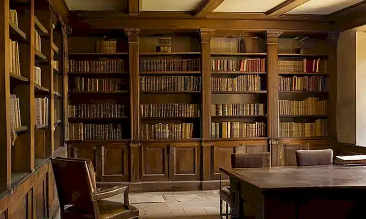 La biblioteca es un ambiente oscuro con filas de estanterías anticuadas, poca luz y una atmósfera sombría